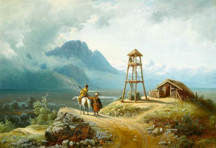 A Mountainous Landscape with a Horseman by a Tower